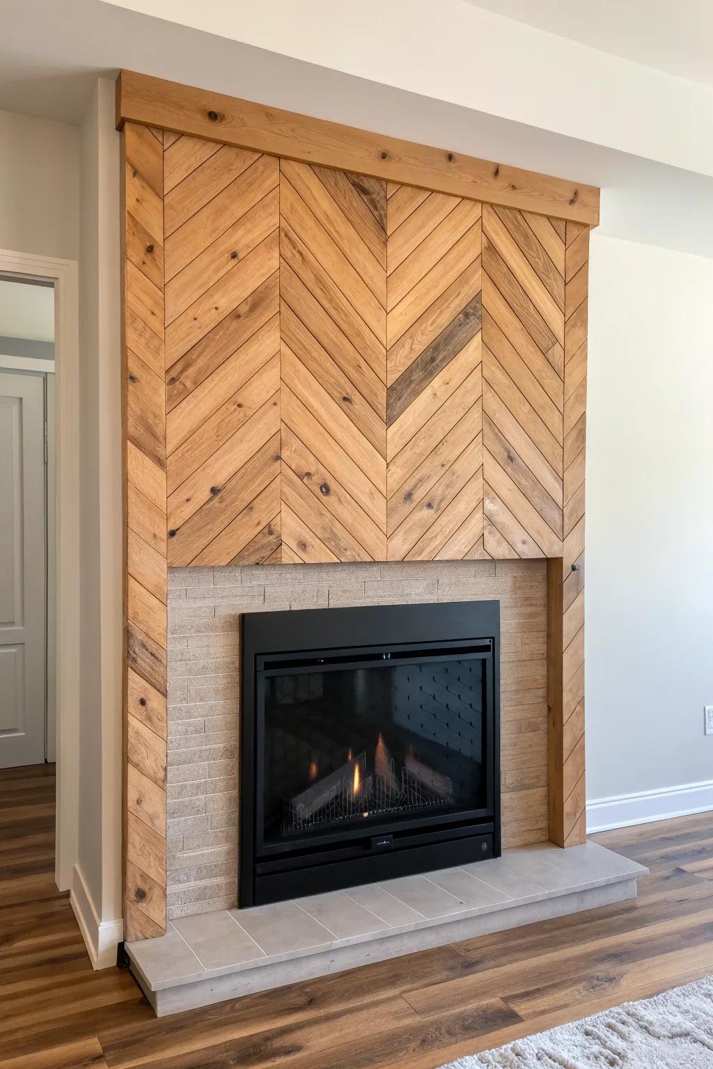Herringbone wood panel center makes an electric fireplace accent wall feel custom and timeless.