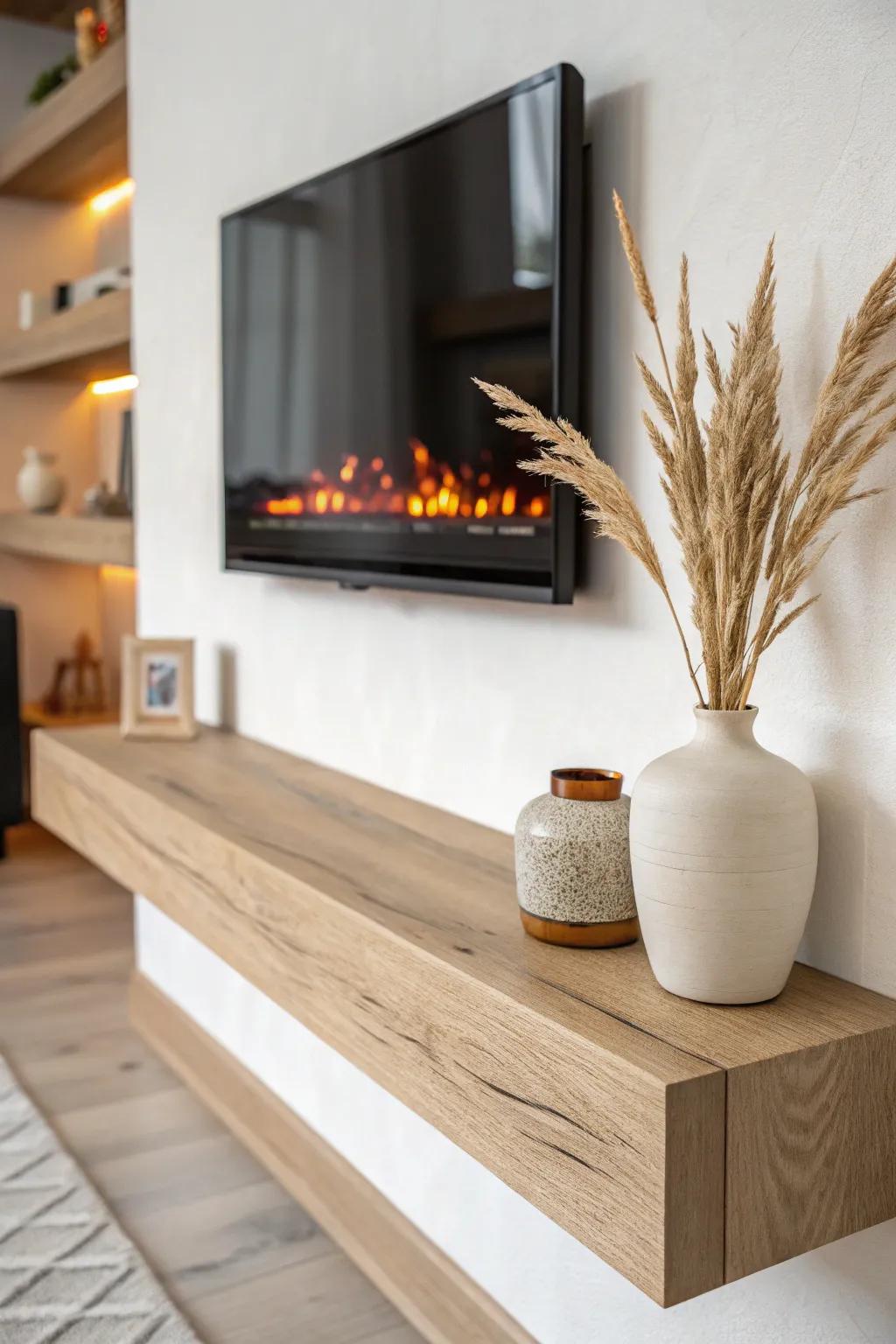 Chunky oak floating shelf with hidden underglow—an easy boutique-hotel upgrade for your fireplace.