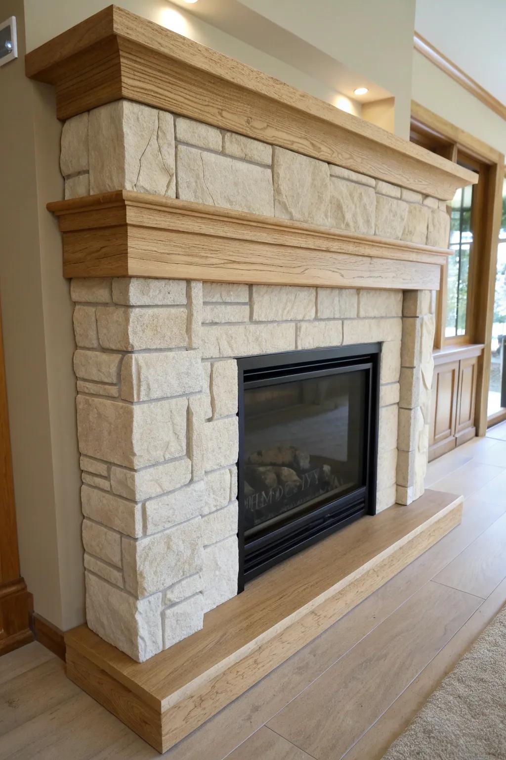 Stone veneer and a thick oak cap make this electric fireplace look effortlessly luxe.