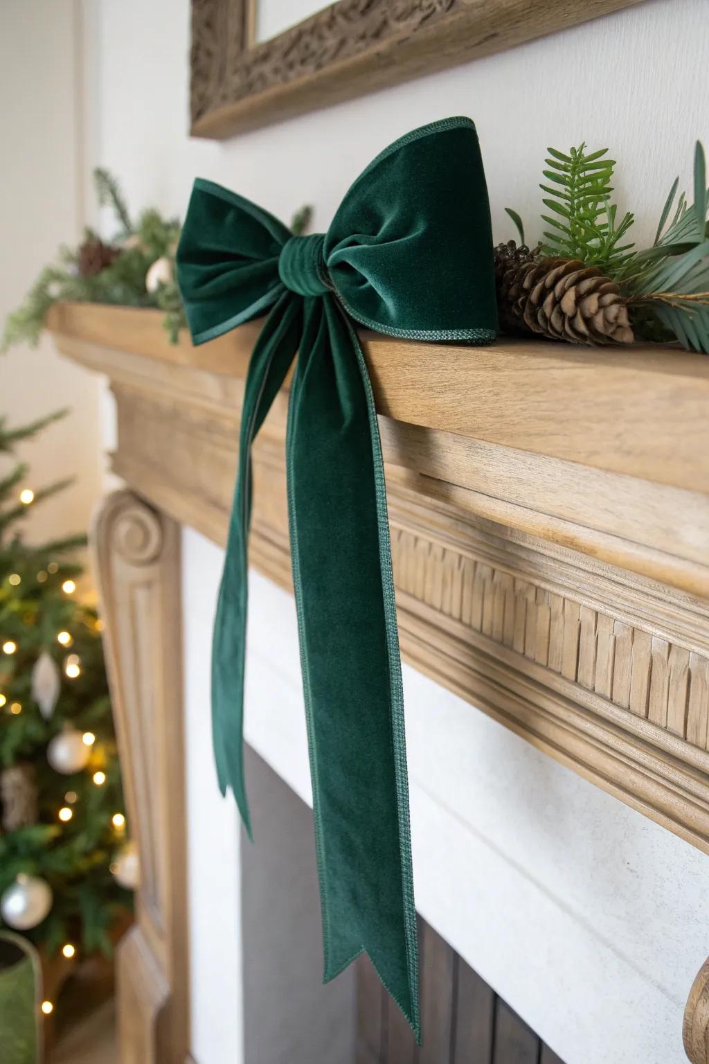 A forest-green velvet bow with crisp tails adds soft, elegant contrast to a pale oak mantel.