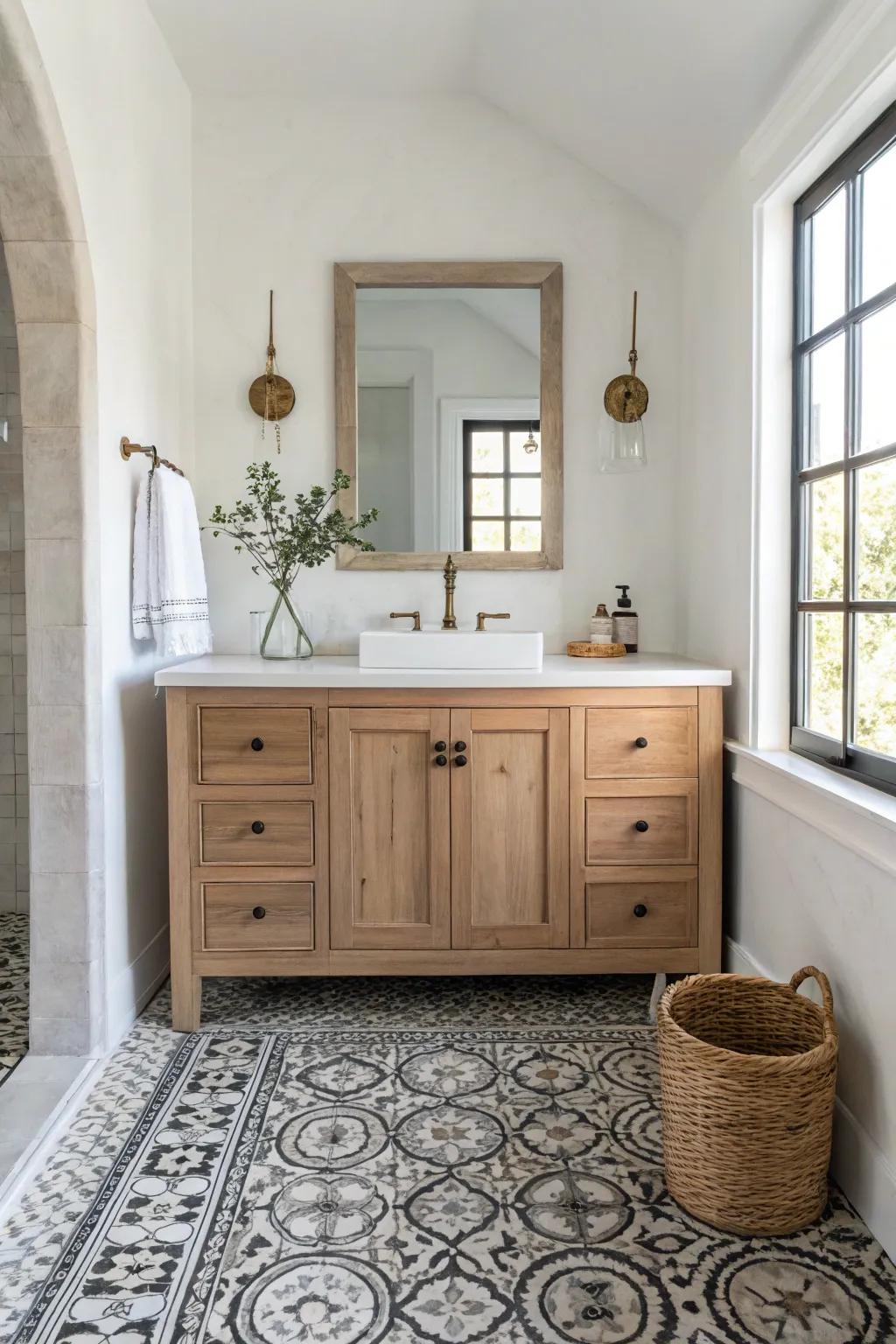 A light oak vanity grounded by a rug-like black-and-white patterned tile for French country charm.