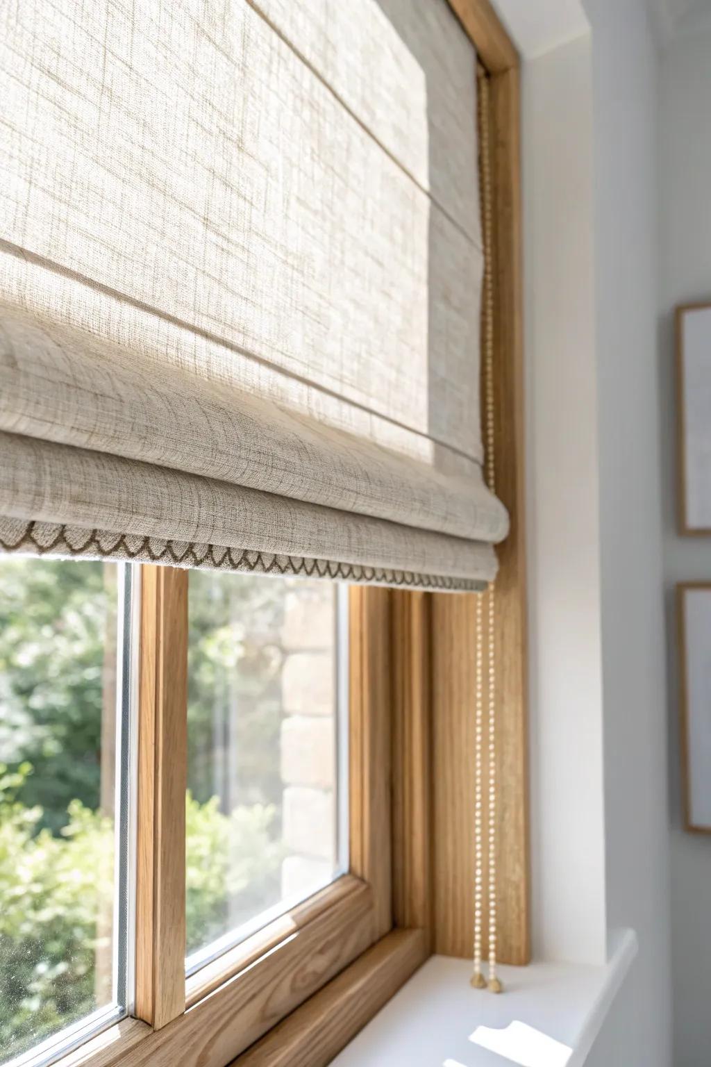 Soft linen Roman shade on a light oak window frame—gentle light for an elegant office corner.