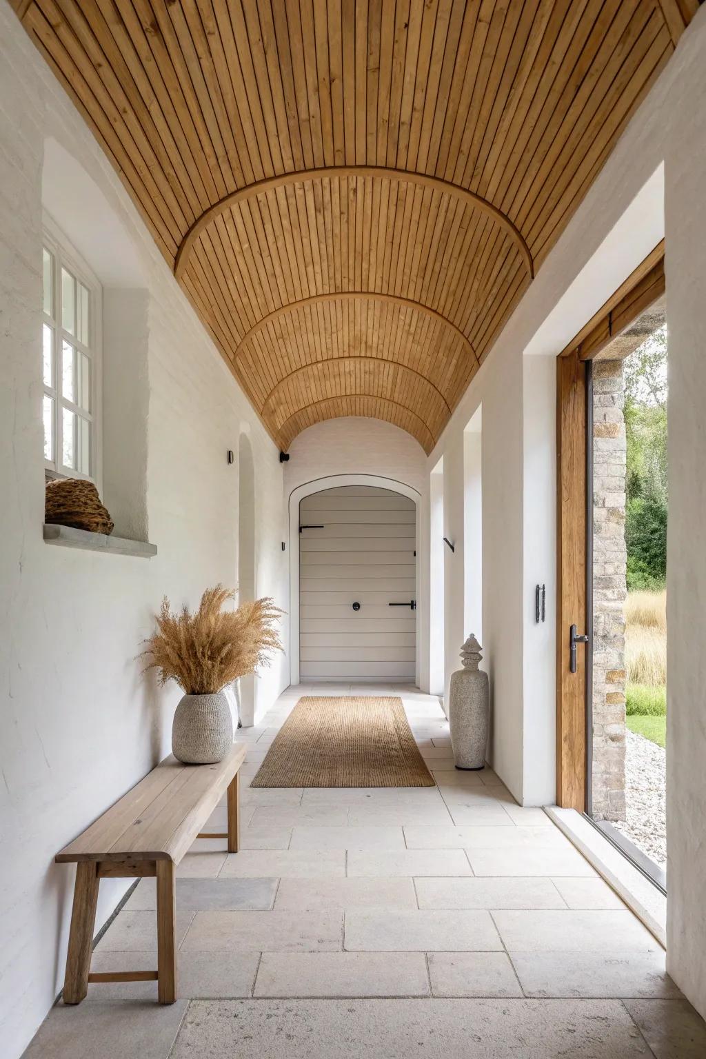 Warm oak barrel ceiling turns the enclosed garage walkway into a cozy, cabin-like tunnel.