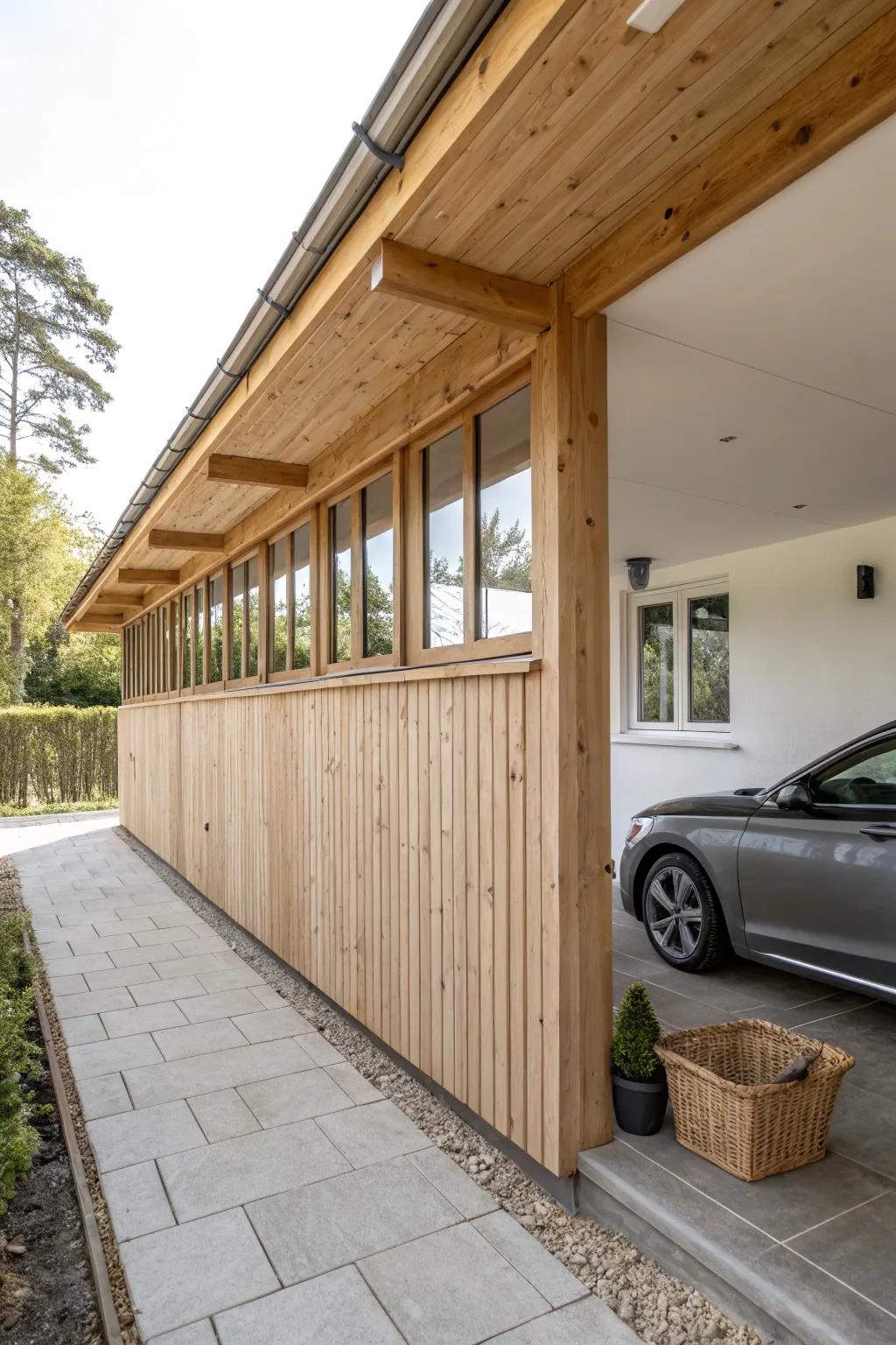 Knee walls with upper windows: bright, private carport enclosure with warm wood craftsmanship.