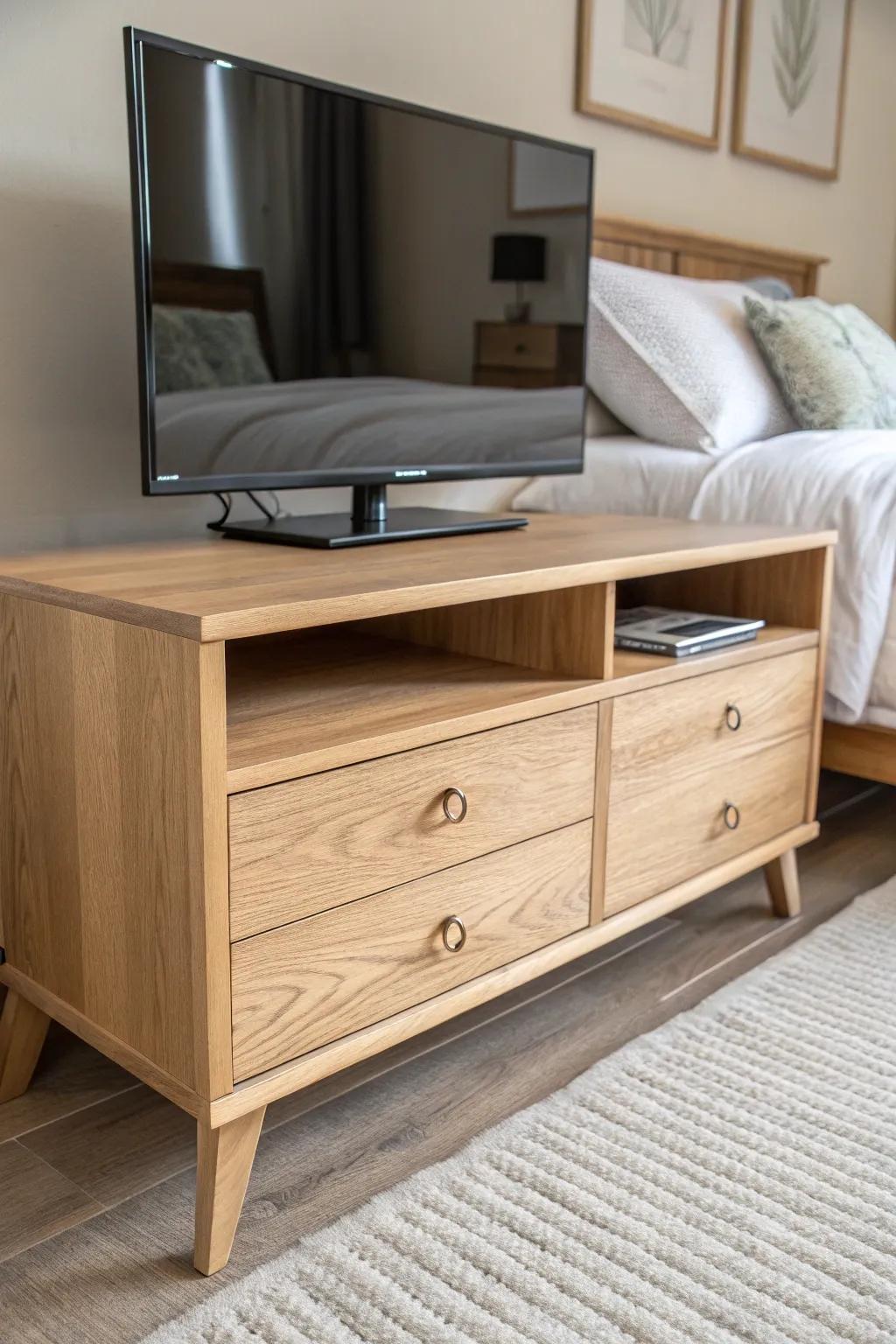 A matching oak TV stand at the bed’s foot creates a seamless built-in look with nightstands.