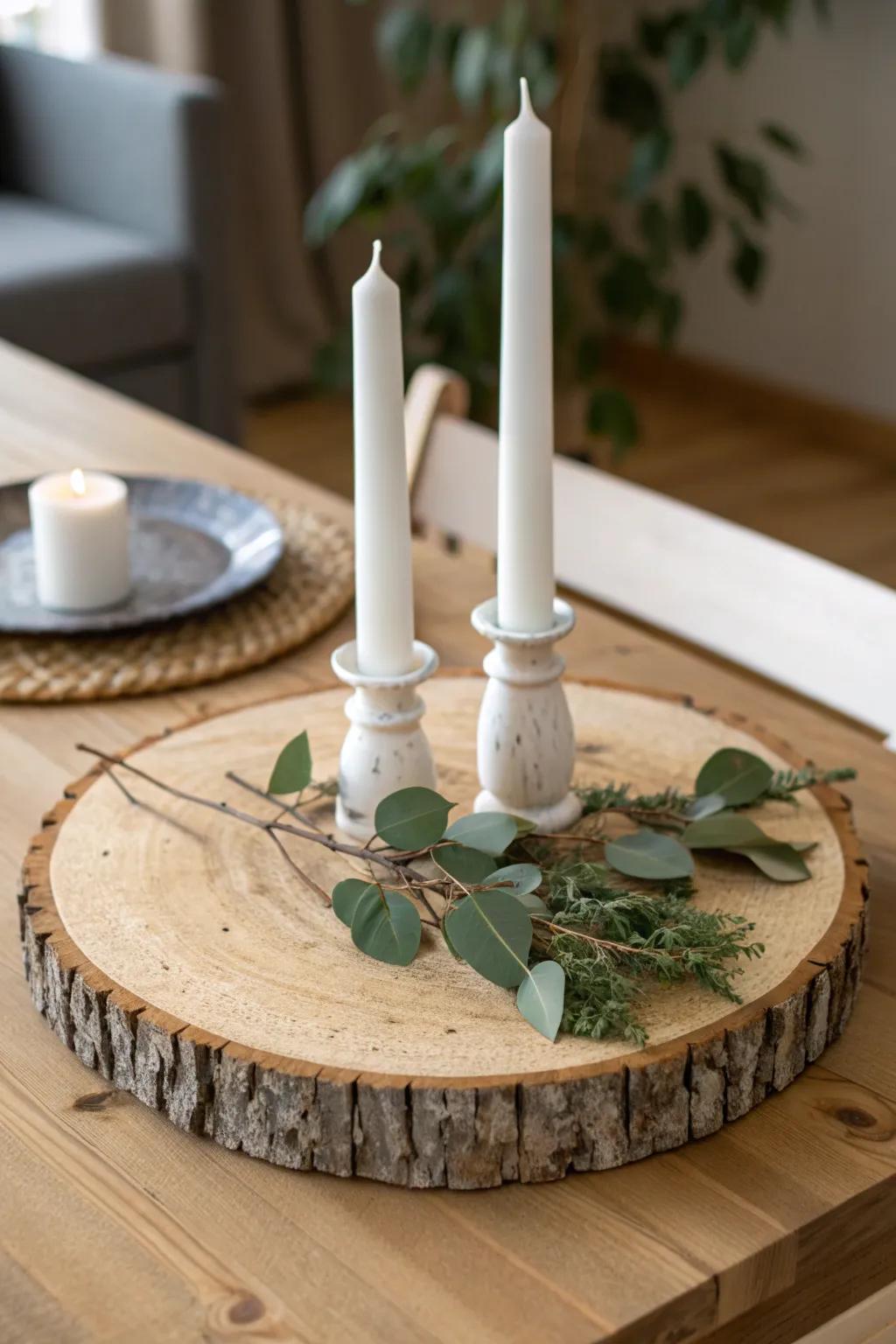 Nordic calm Christmas: birch slice + two white candles + a single eucalyptus sprig.
