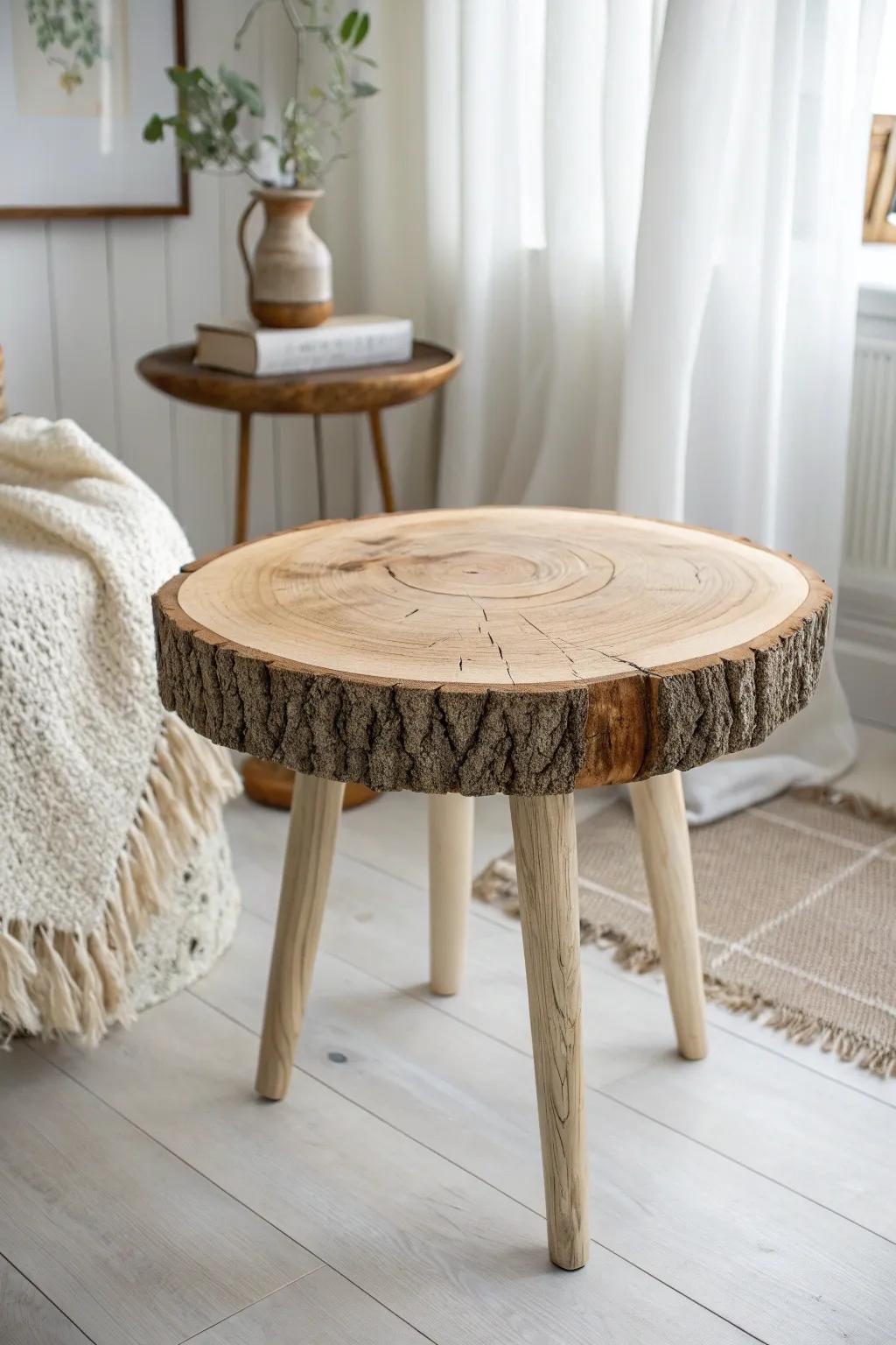 Rustic tree-slice round top end table—crack-stabilized and finished smooth for daily use.