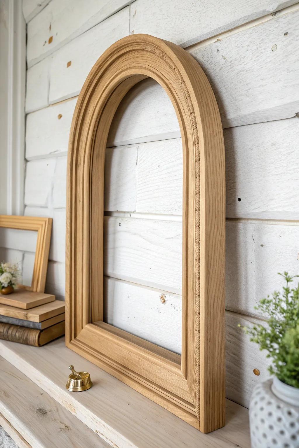 A sweet arched niche detail—simple oak trim that makes a cottage bath feel original.