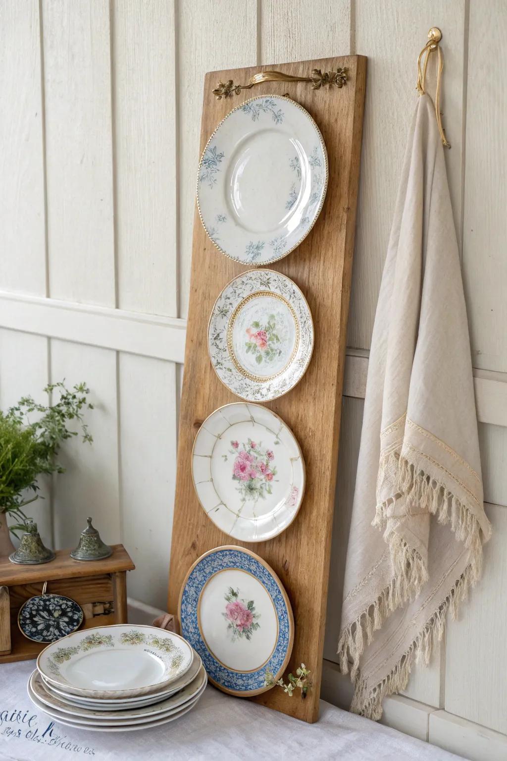 Vintage cottage charm without wall holes: a wood-backed plate panel with mixed patterns.