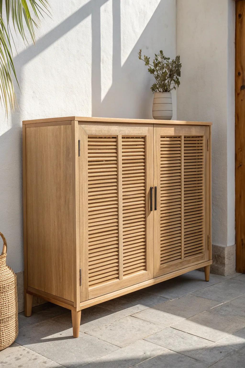 Light oak slatted-door media cabinet—airy, minimal, and perfect for hiding small-space clutter.