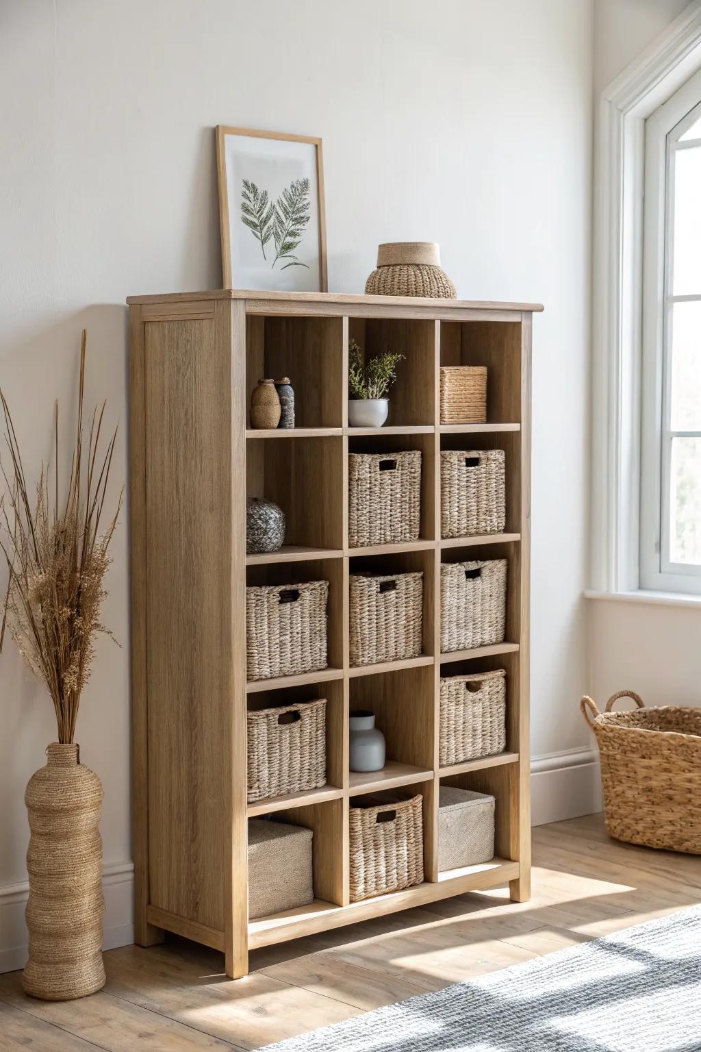 Oak cubby-grid entryway bookcase with woven baskets—simple, labeled storage for everyone.