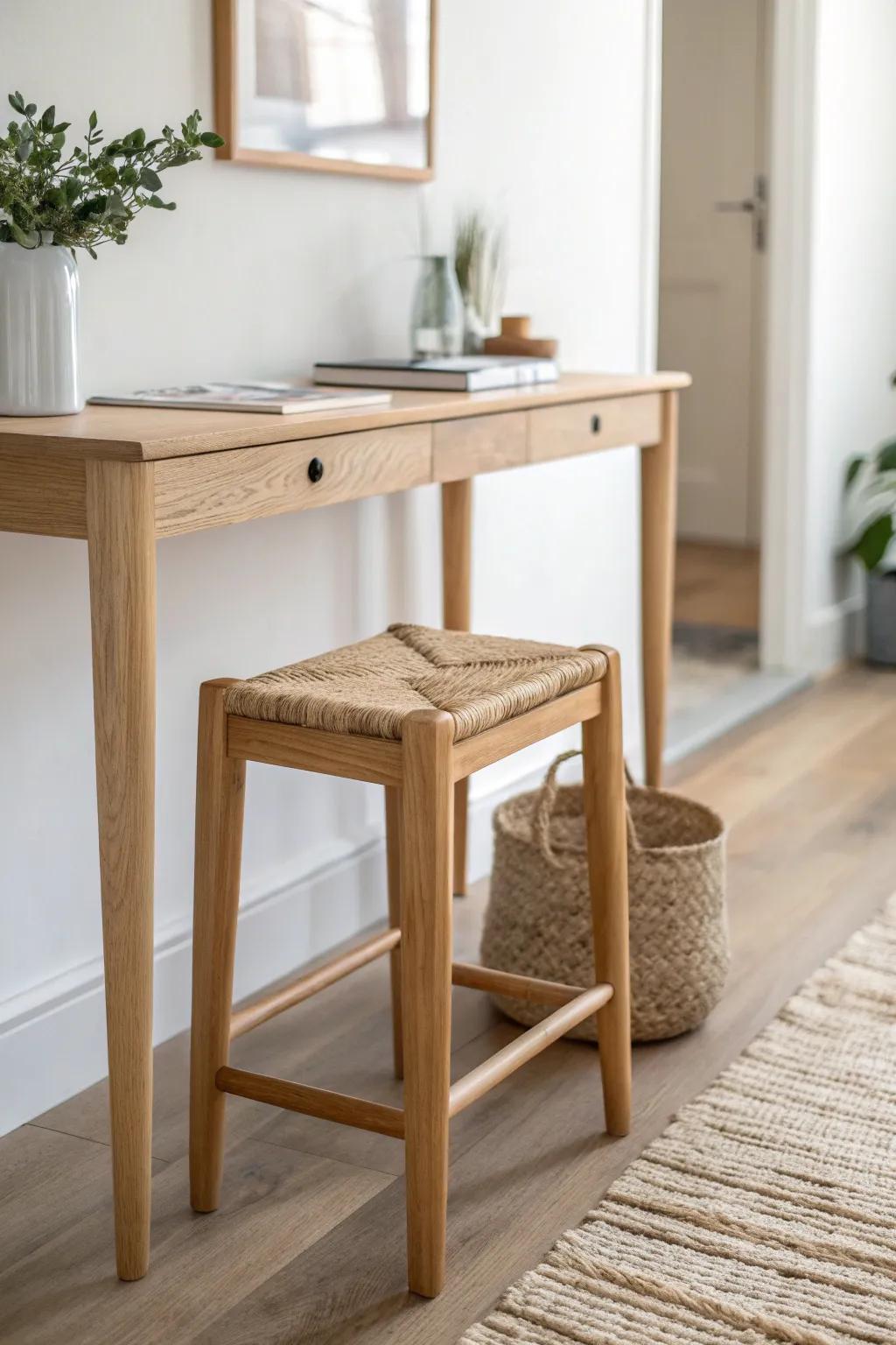 A tucked-in oak stool adds cozy texture and extra seating—simple, crafted, entryway-ready.