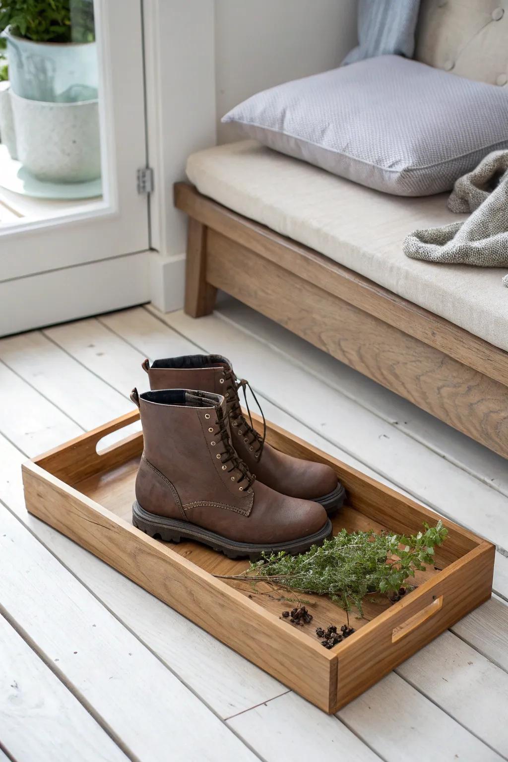 A handcrafted wood boot tray keeps wet shoes contained—minimal, warm, and practical.