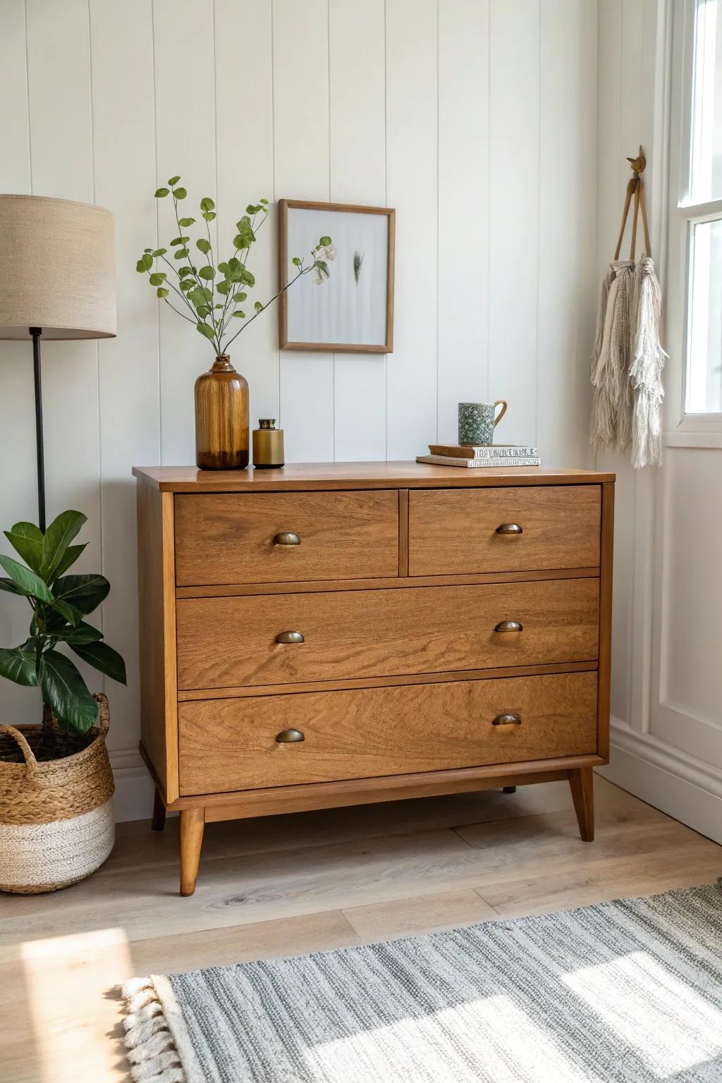 Vintage dresser sideboard flip—fresh brass pulls, matte finish, and drawers for all entryway odds.
