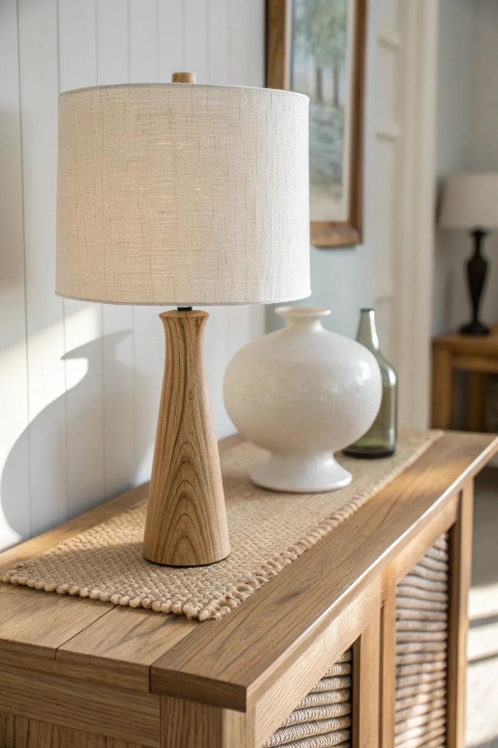 A tall oak lamp paired with a slim vase creates effortless, expensive-looking entryway height.