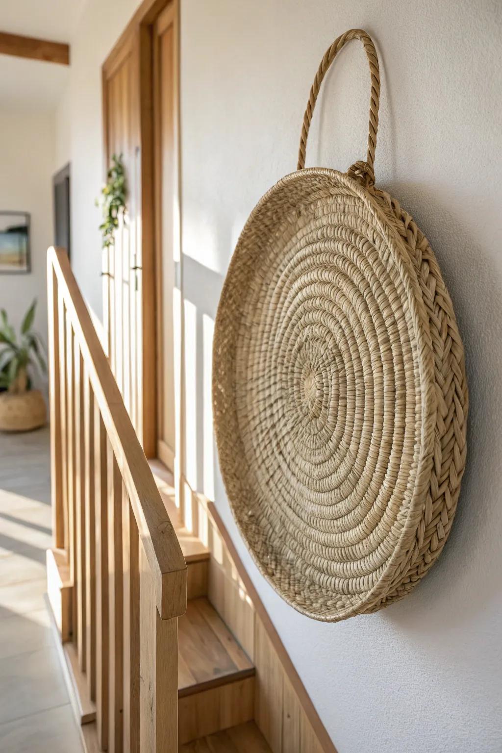 A single woven basket adds instant warmth—Scandi calm with a soft boho touch in the entryway.