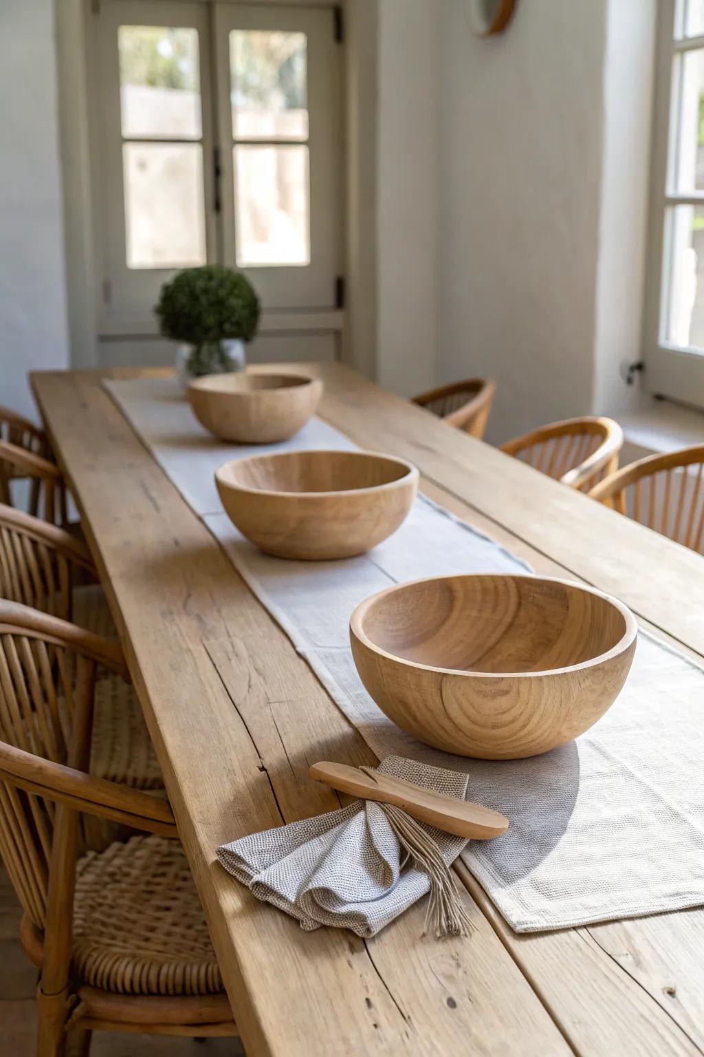 Two matching wooden bowls create a calm, balanced centerpiece—simple, symmetrical, and warm.