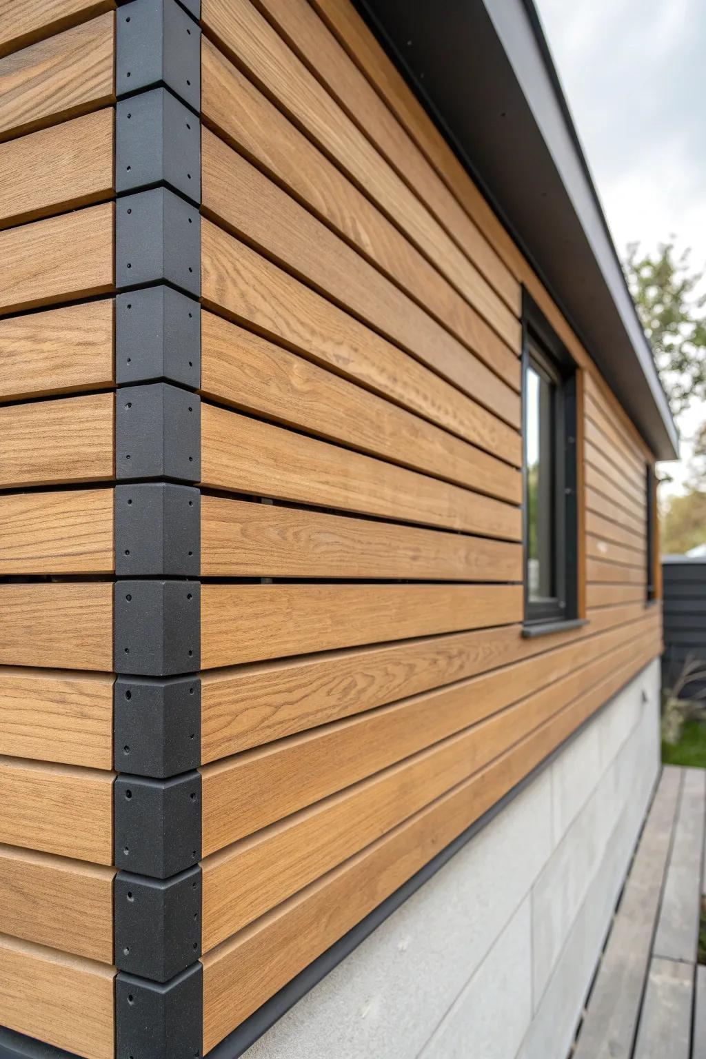 Two-tone exterior slats: warm natural wood over a charcoal backer for crisp, luxe contrast.