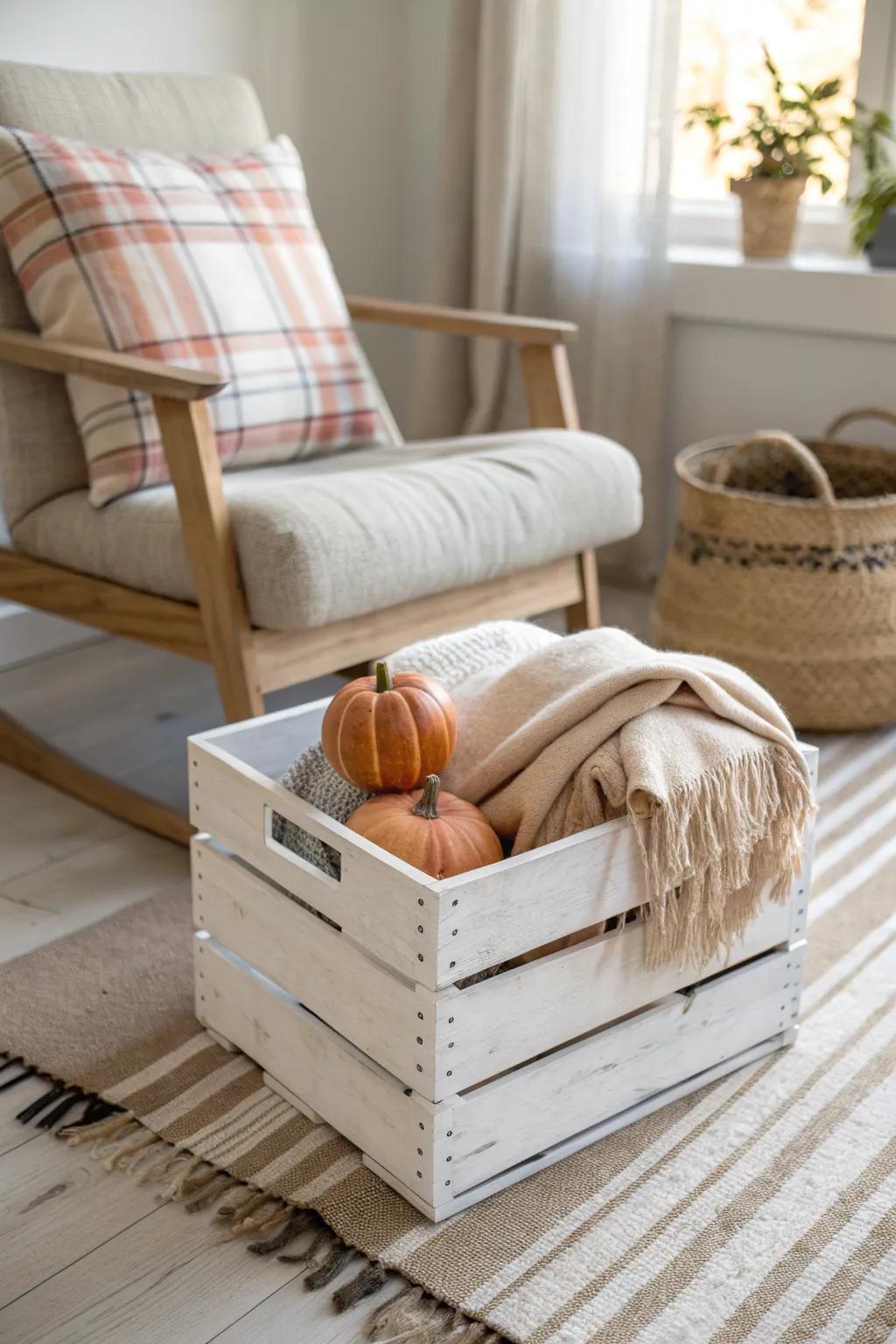 Whitewashed crate with a plaid throw and tiny pumpkin—an instant cozy fall corner.