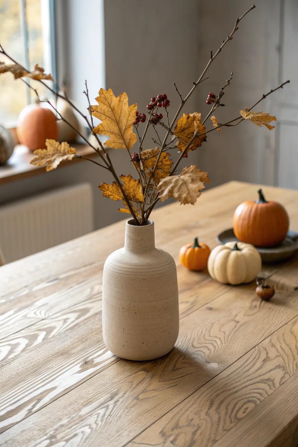 Foraged fall branches in a neutral vase—minimal, warm, and beautifully seasonal.