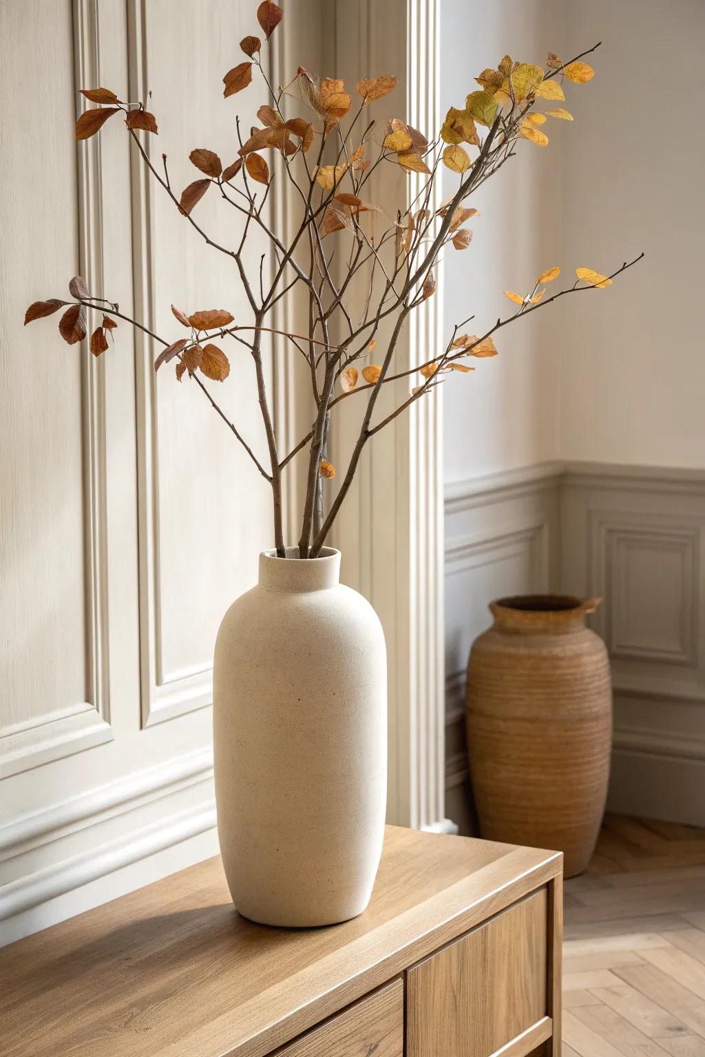 A few turning branches in a tall neutral vase—an effortless, minimalist autumn entryway.