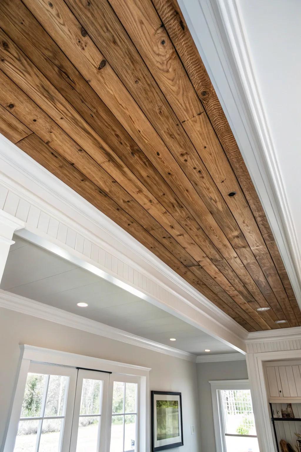 Mid-tone wood plank ceiling brings cozy family-room warmth while keeping light walls crisp.