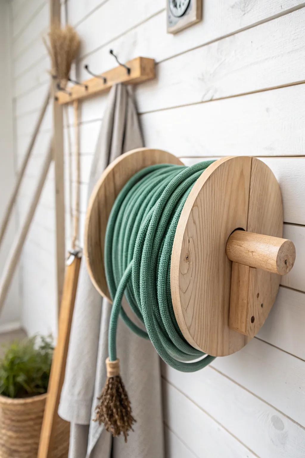 A tidy spool zone: one beautiful wooden reel keeps hoses smooth, clean, and tangle-free.