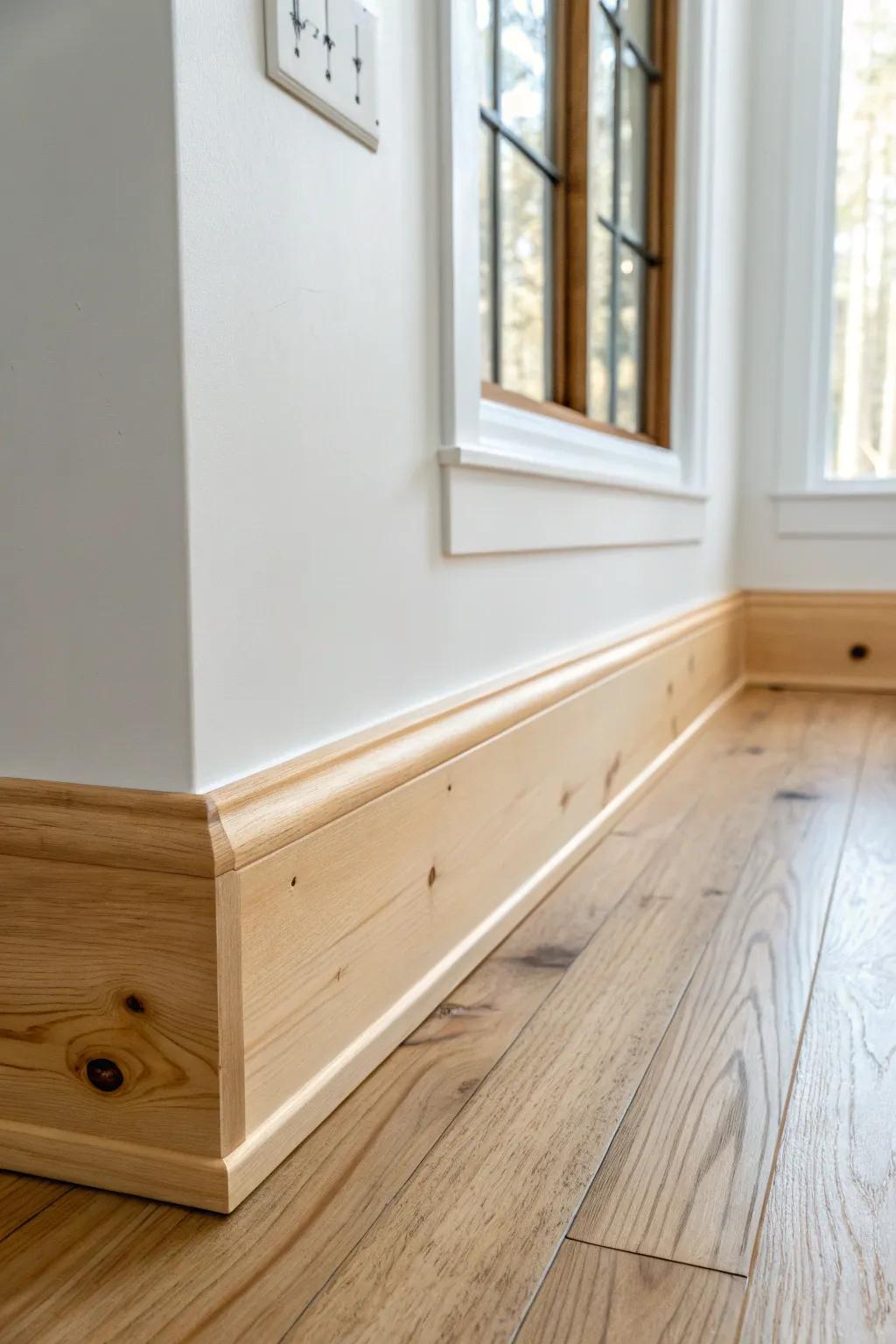 Natural knotty wood baseboards bring farmhouse warmth—clear finish lets the grain shine.