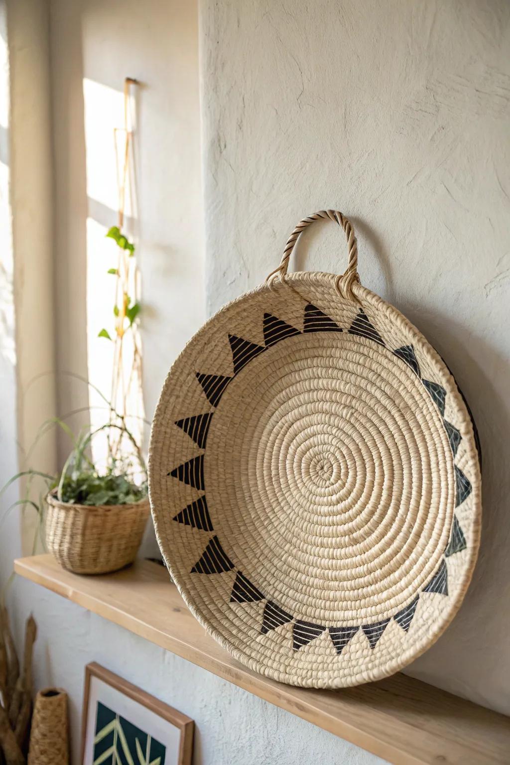 Neutral woven wall basket with subtle black accents for crisp, modern farmhouse contrast.