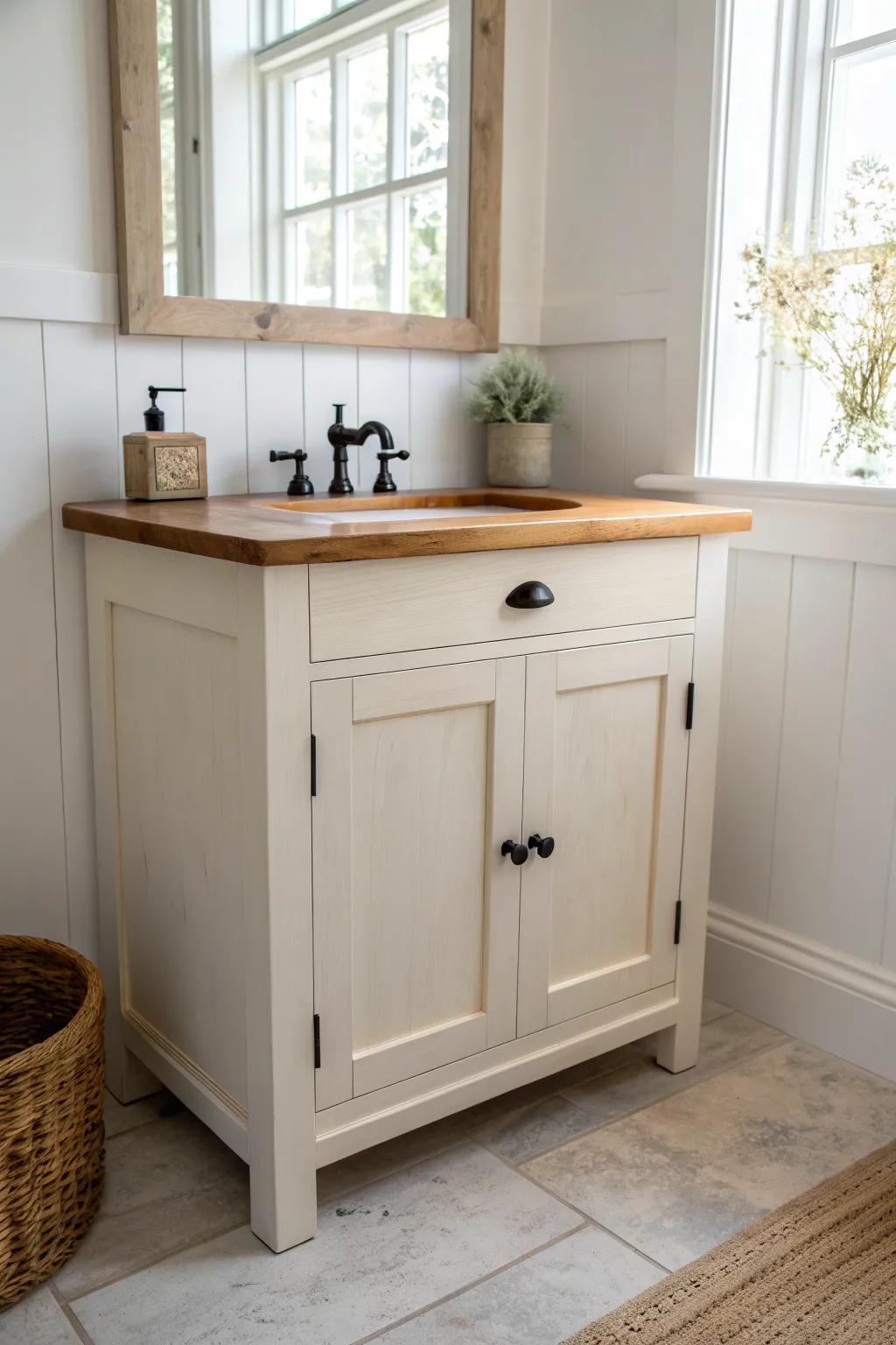 Budget farmhouse vanity: creamy painted base + warm stained wood top for clean rustic contrast.