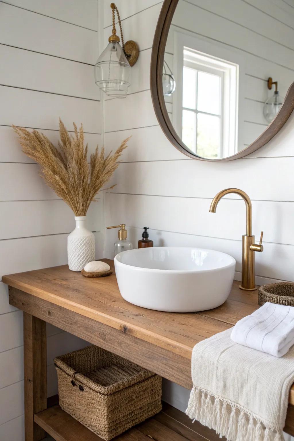Floating oak vanity with a drop-in sink—airy farmhouse style that makes small bathrooms feel bigger.