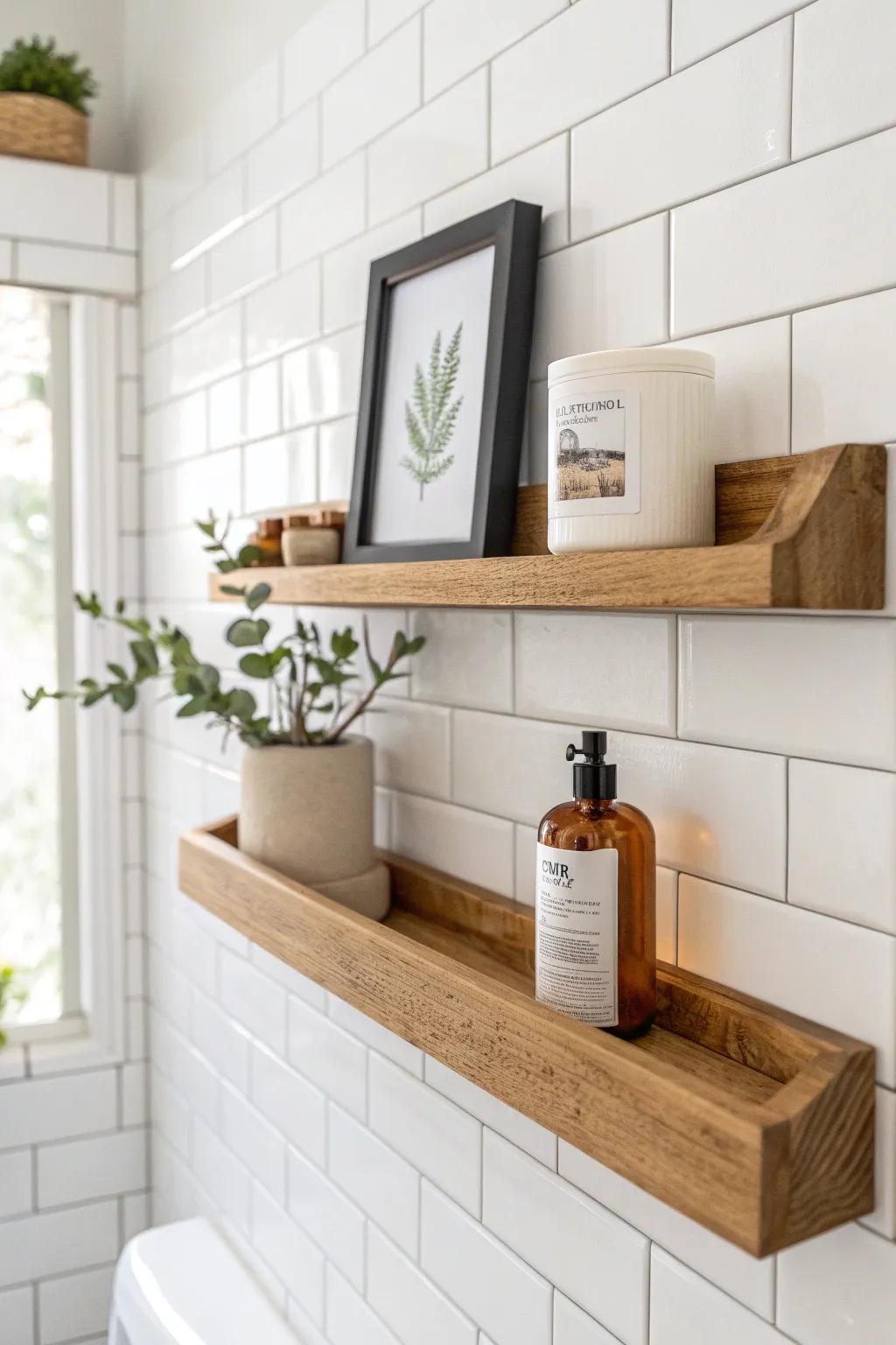 A slim wood ledge shelf layers art and toiletries—swap the styling with every season.