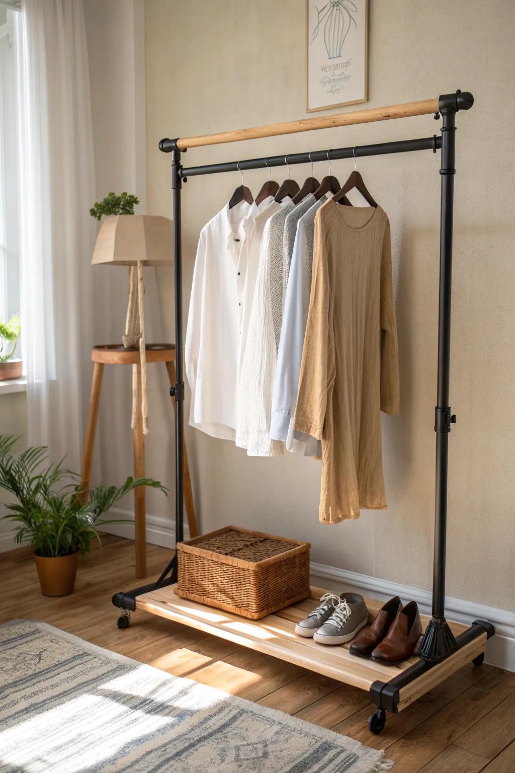 Budget-friendly boutique vibe: a simple wood-and-pipe clothing rack for farmhouse bedrooms.
