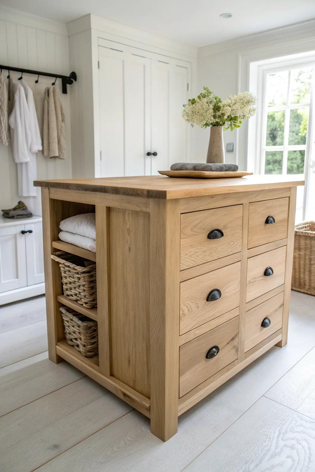 A petite oak closet island with drawers makes folding feel tidy, calming, and beautifully easy.