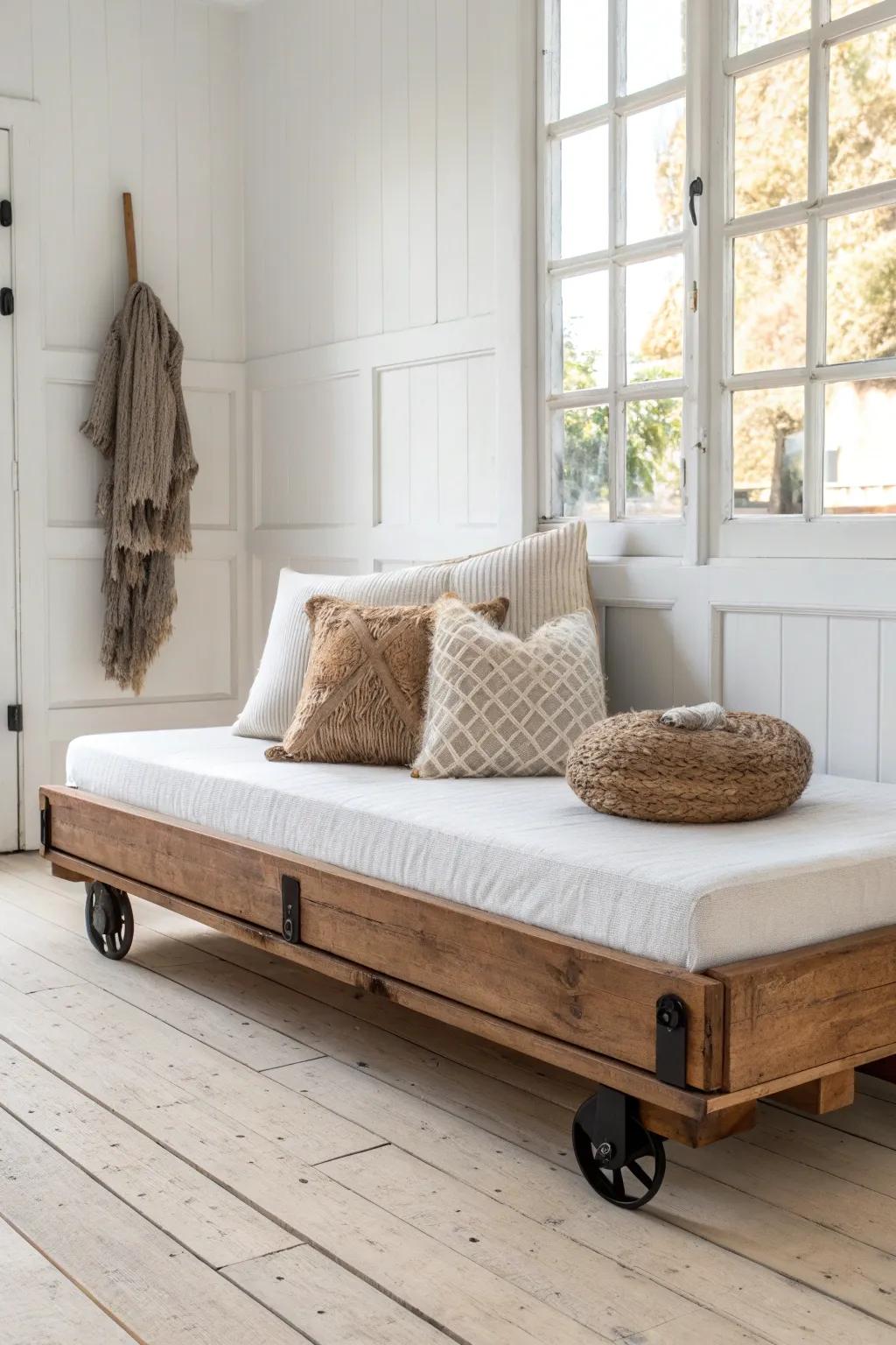 Rolling farmhouse daybed on chunky casters—reclaimed oak warmth with airy Scandinavian calm.