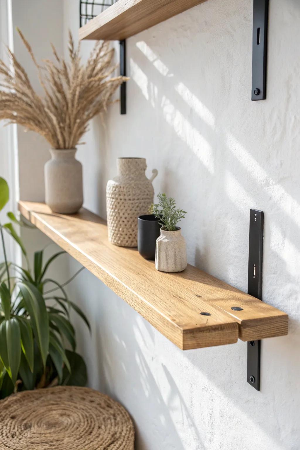 Budget farmhouse style: a simple oak open shelf with basic black brackets, styled with everyday jars.