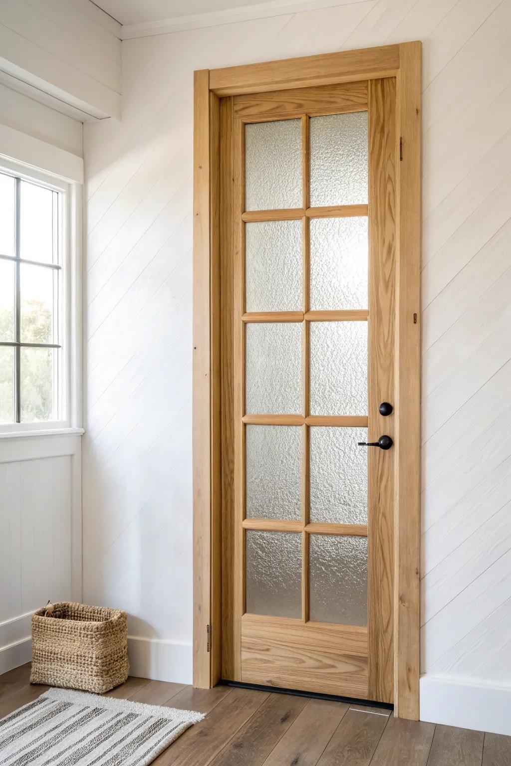 Airy divided‑lite oak door with textured glass—farmhouse charm with modern Scandinavian ease.