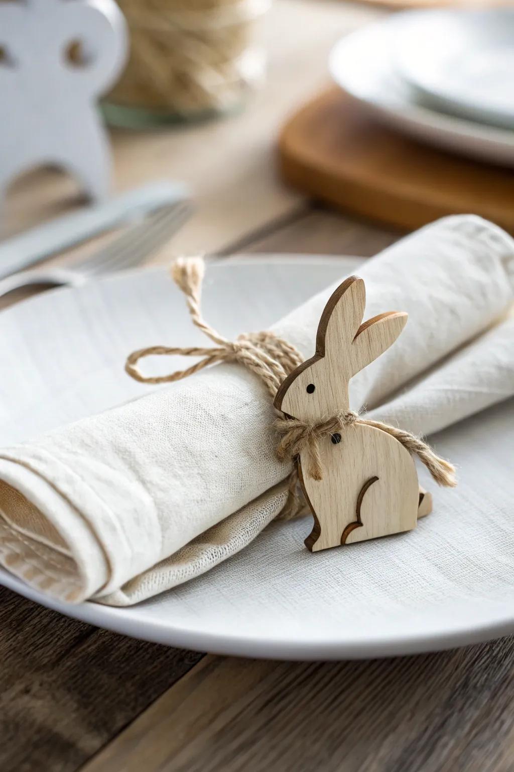 Handmade wood bunny napkin ring: simple farmhouse Easter charm for a soft spring table.