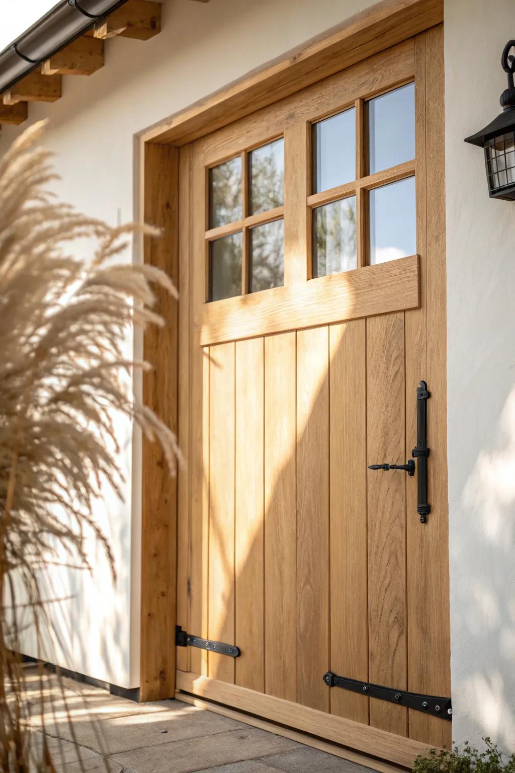 Simple grid windows on a warm wood garage door—bright daylight and clean farmhouse charm.