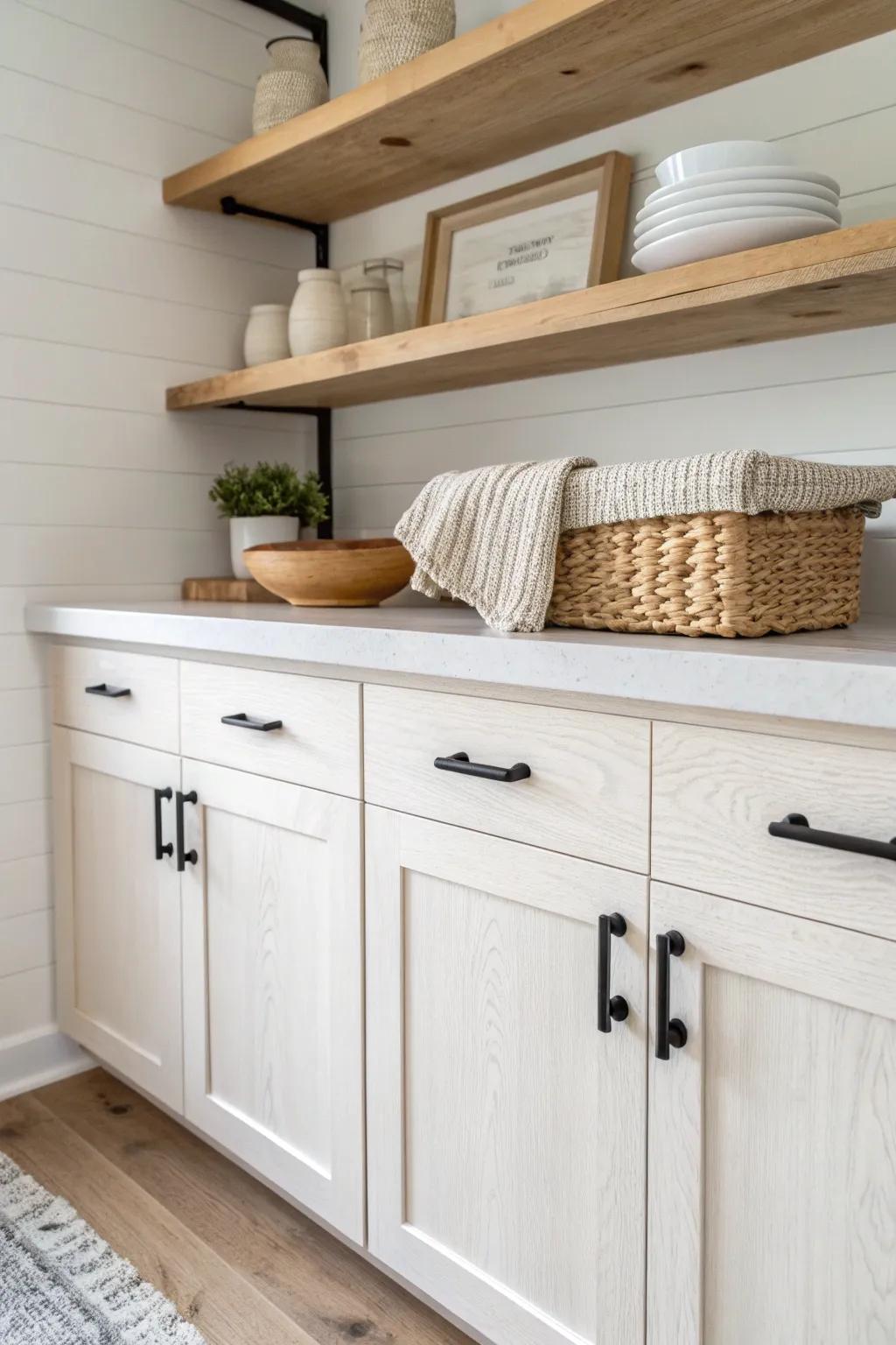 One run of open shelves paired with farmhouse cabinets—airy charm without losing storage.