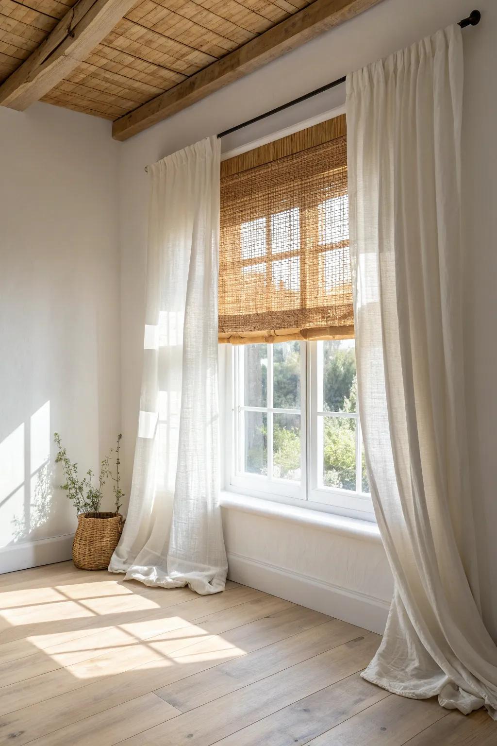 Woven wood shades layered with linen drapes for warm texture, soft light, and farmhouse calm.