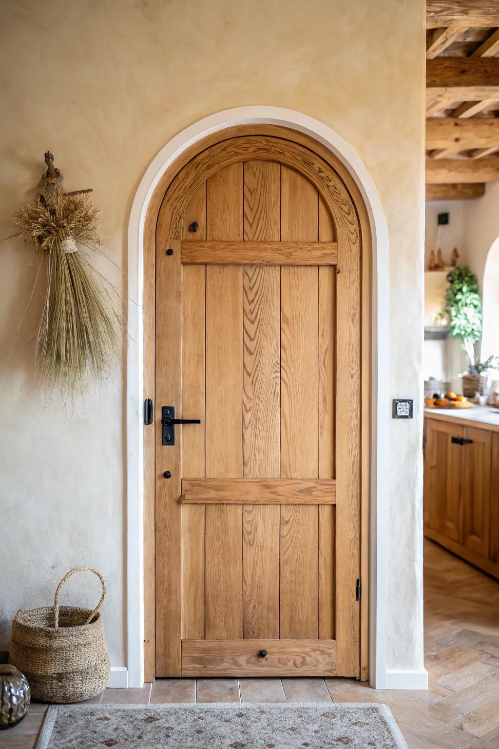 A timeless arched pantry door—subtle curve, crisp trim, and warm oak craftsmanship.