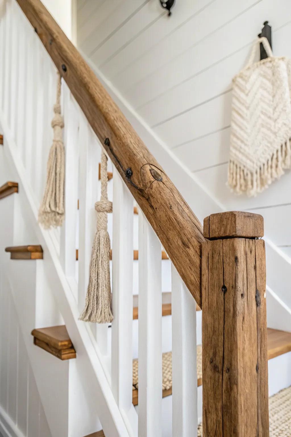 Reclaimed wood handrail with matte finish—patina, grain, and history in a clean farmhouse look.