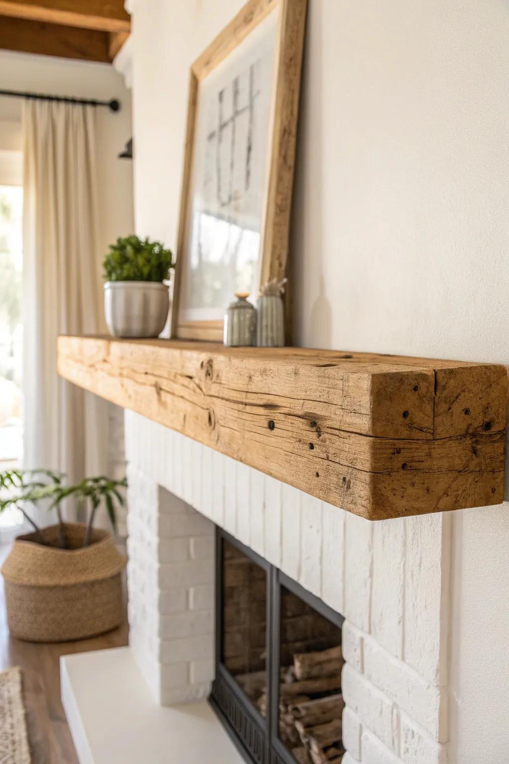 A chunky reclaimed mantel beam shelf adds instant farmhouse warmth with minimal, crafted charm.