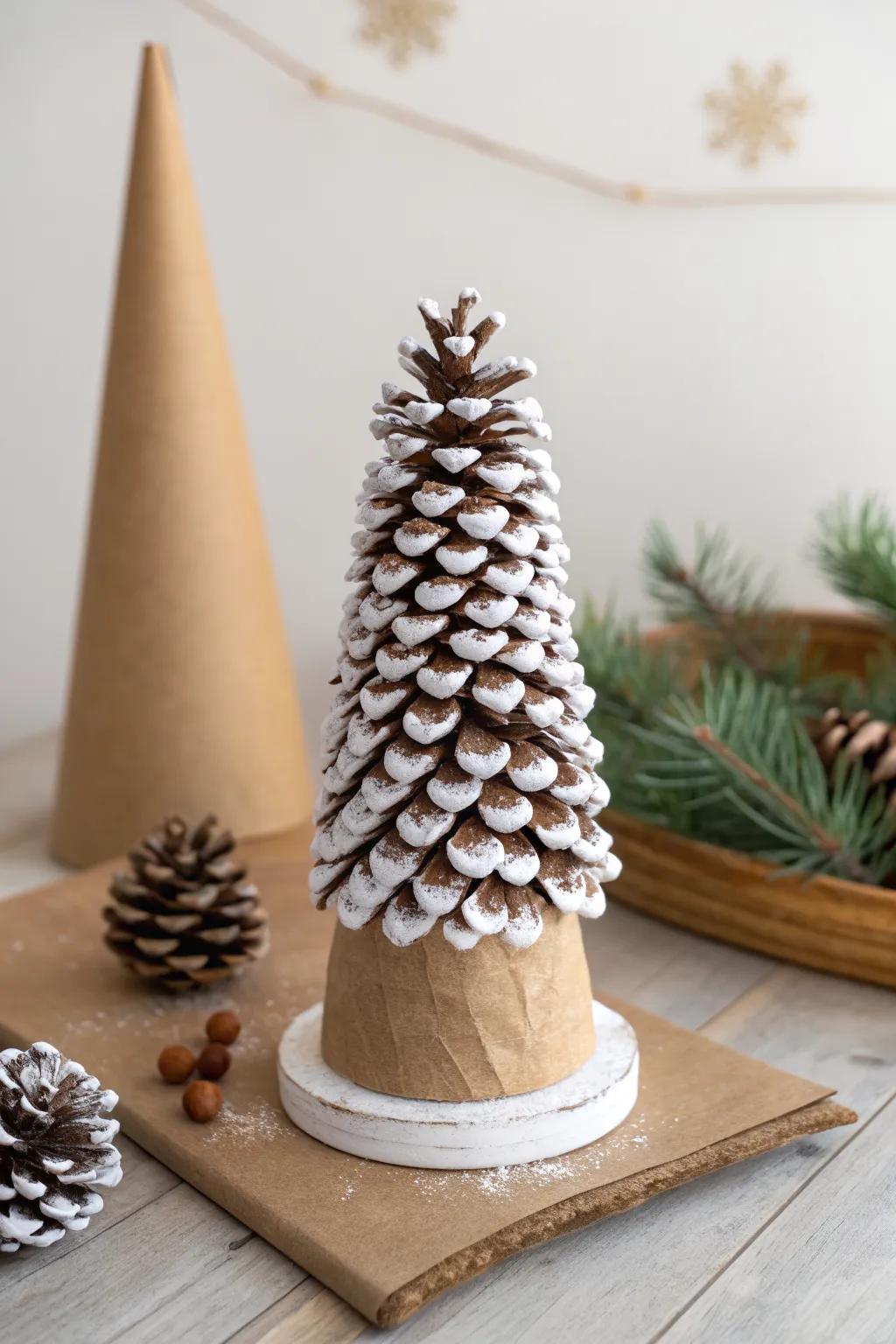 Snow-kissed pinecone cone topper—an easy rustic farmhouse crown with minimalist charm.