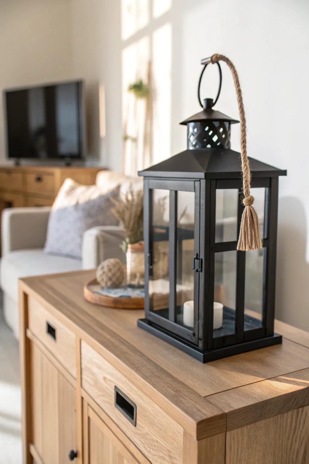 Warm oak meets matte black—one lantern brings farmhouse contrast to your TV stand.