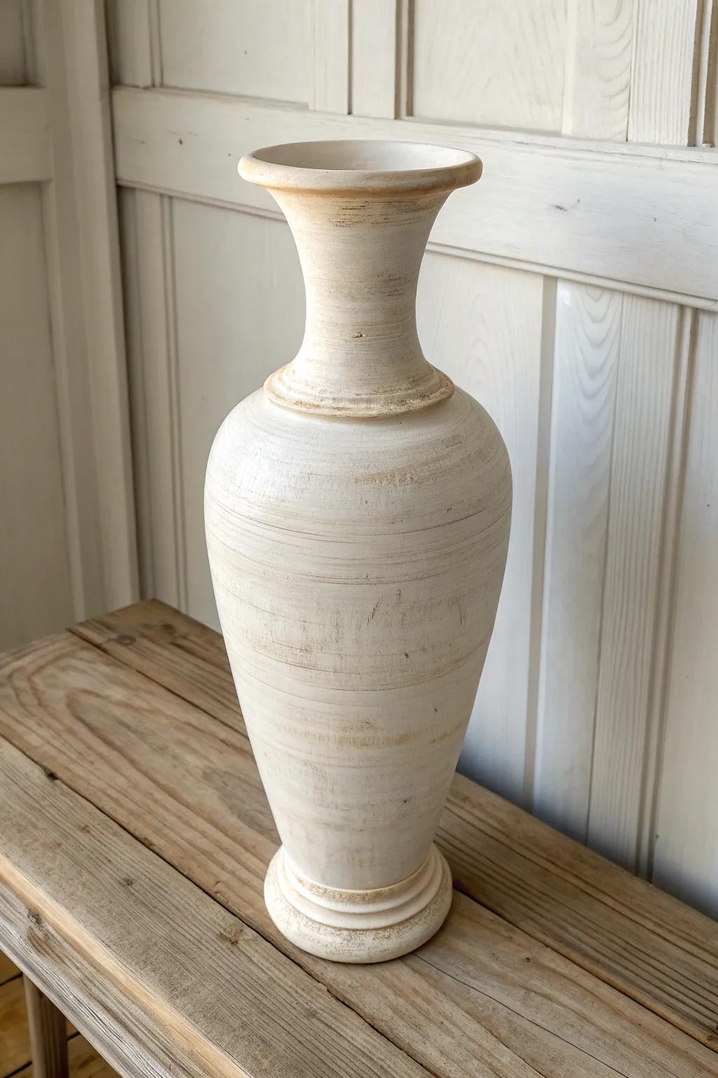 Chalky neutral thrift vase with softly sanded edges for that perfect chippy farmhouse charm.