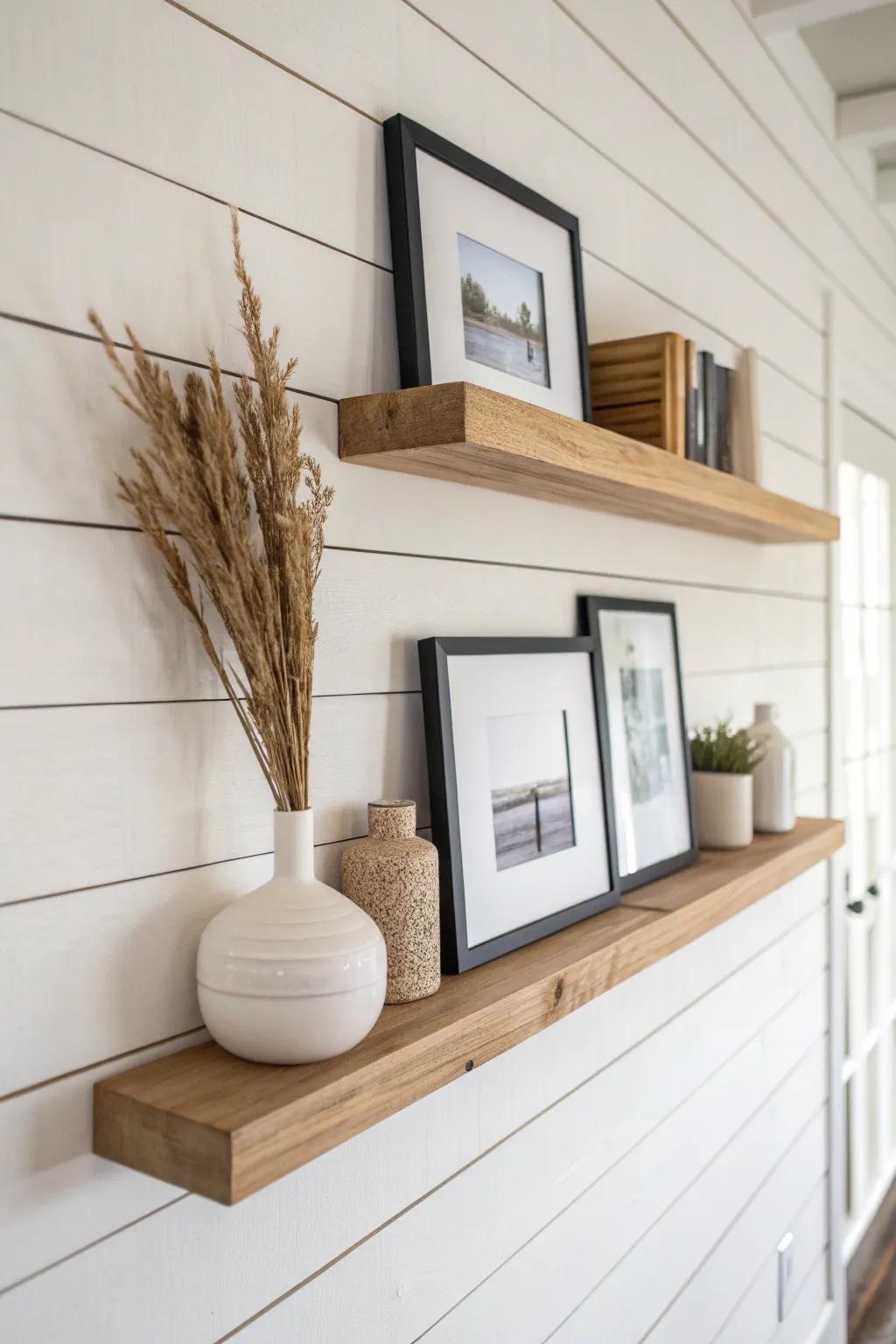 Layered frames on a slim oak picture ledge—swap art anytime for an easy farmhouse collage.