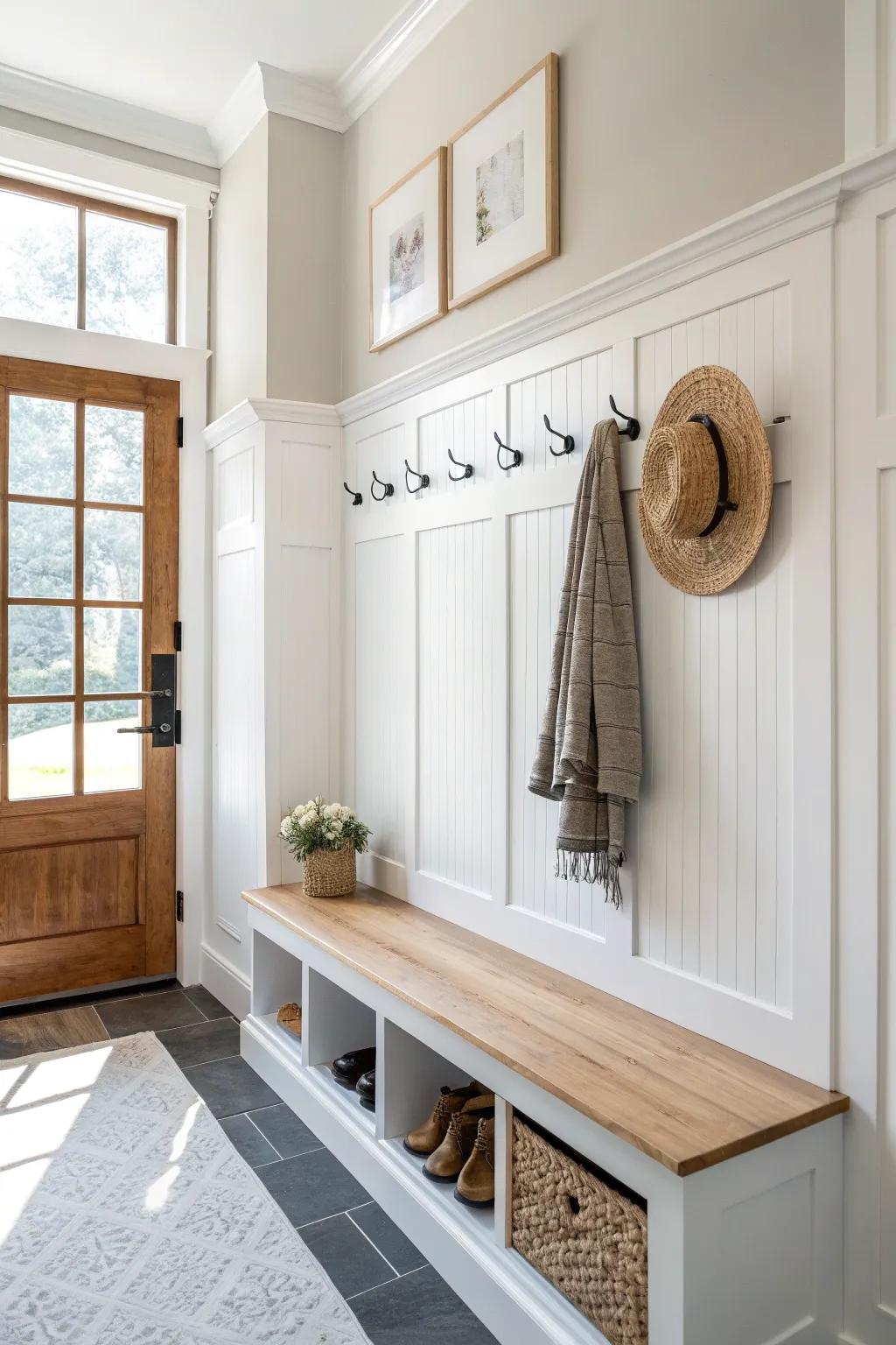 Mudroom drop zone: board-and-batten paneling with a single sturdy hook for daily life.