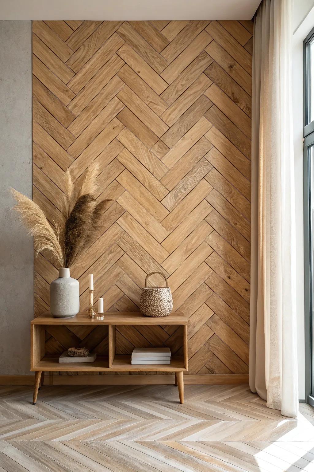 Herringbone faux wood tiles in a mid-tone stain—texture-rich, calm, and perfectly minimalist.